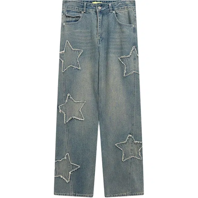 洞洞拐 美式街头贴布星星刺绣宽松百搭牛仔裤 男女同款