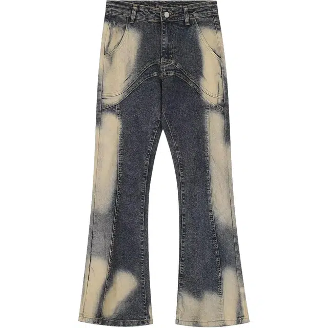 洞洞拐 做旧复古喇叭撞色网红高腰显瘦微喇裤牛仔裤 男女同款