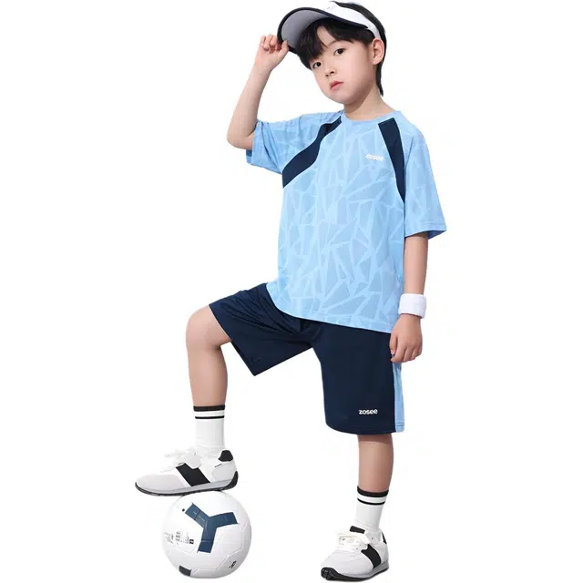 左西 圆领插肩拼色短袖上衣字母印花短裤休闲运动套装 儿童款 蓝色