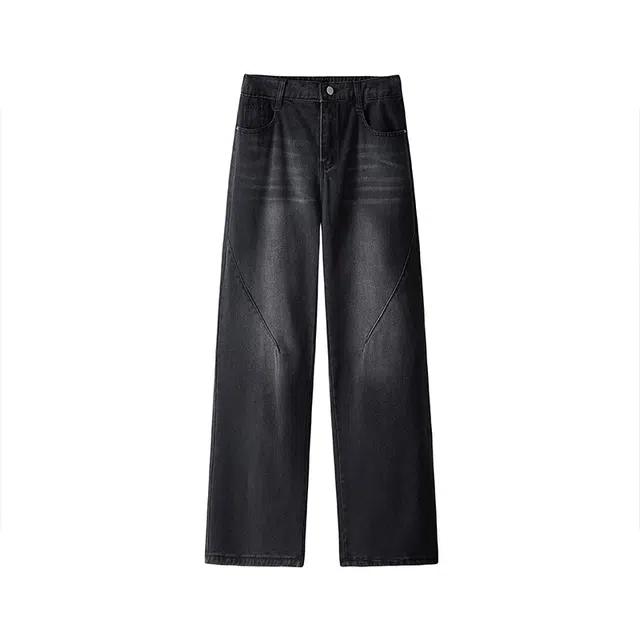 太子龍 美式复古拼接微喇高街水洗直筒牛仔裤 男款