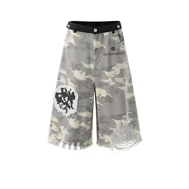 虫小绿 美式复古迷彩设计感破洞做旧水洗宽松阔腿街头潮流高街运动休闲短裤 男女同款