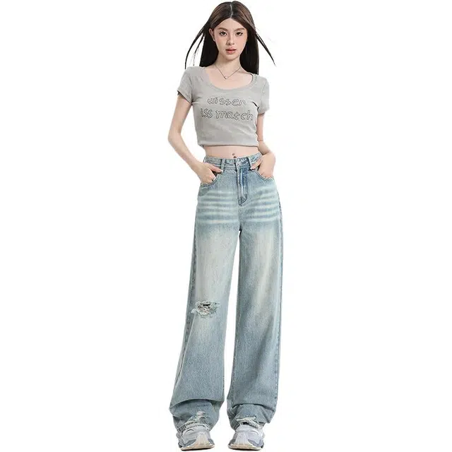 拾籍 美式街头做旧水洗复古高腰显瘦牛仔裤 女款