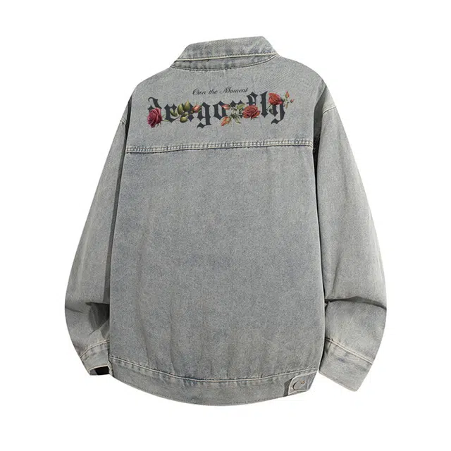 红蜻蜓 美式设计感复古水洗做旧纯色磨白条纹拉链袖口痞帅街头潮流舒适休闲基础春秋潮牌牛仔外套 男女同款