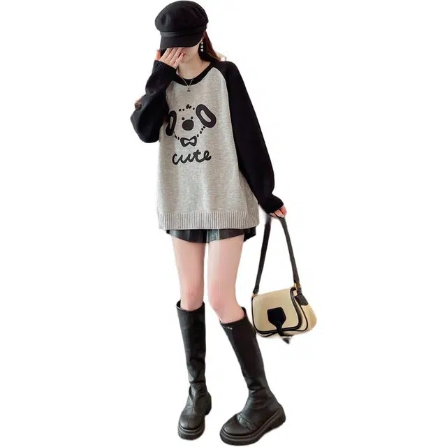 缪斯的诱惑 撞色设计感毛衣女秋冬季宽松卡通小个子高级感针织打底衫上衣卫衣 女款