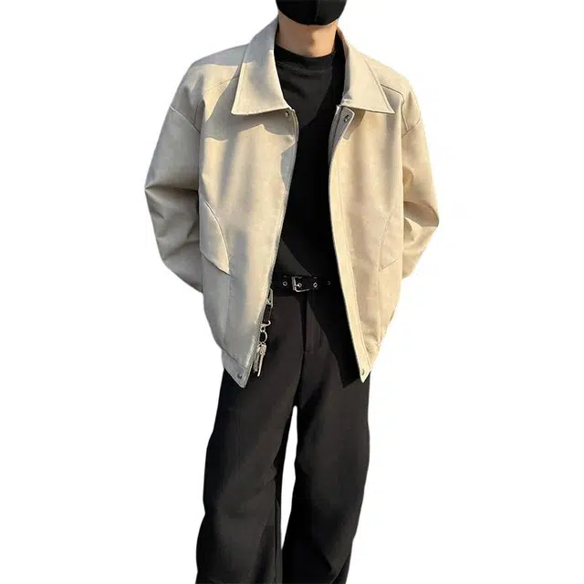 木林森 美式复古高街潮牌宽松休闲防风机能无性别主义飞行员立领皮衣 男女同款