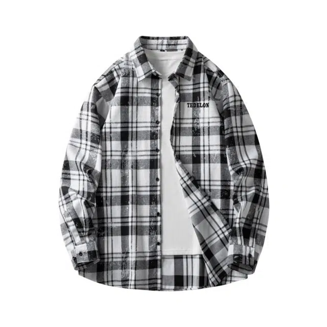 太子龍 美式复古港风格纹宽松潮流百搭休闲翻领长袖青少年衬衫 男女同款