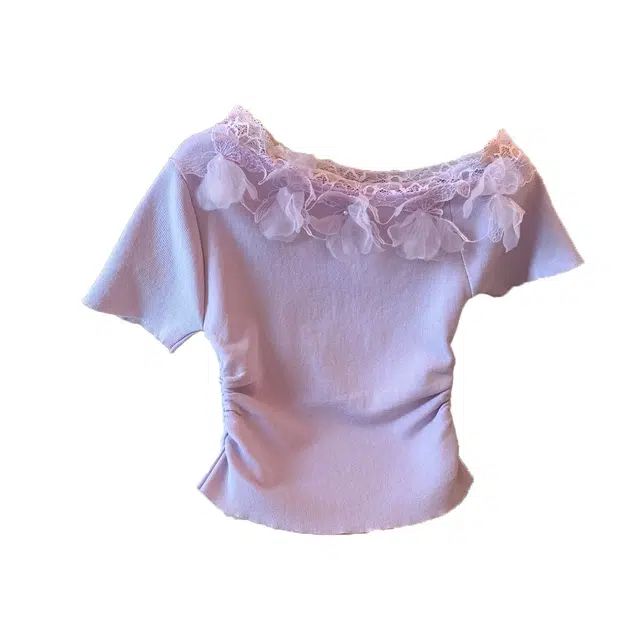 敲模女孩 法式设计感蕾丝拼接短袖收腰修身针织衫 女款