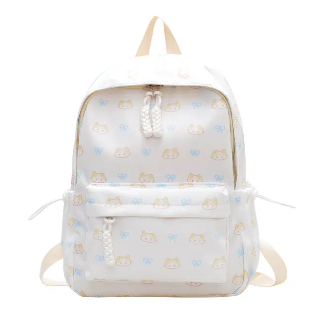 帕克熊 可爱卡通萌宠童趣印花学生 尼龙布 书包背包双肩包 女款 米白色/浅蓝色