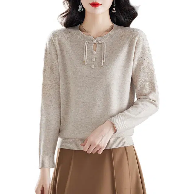 恒源祥 洋气时尚圆领盘扣纯色套头羊毛针织衫 女款