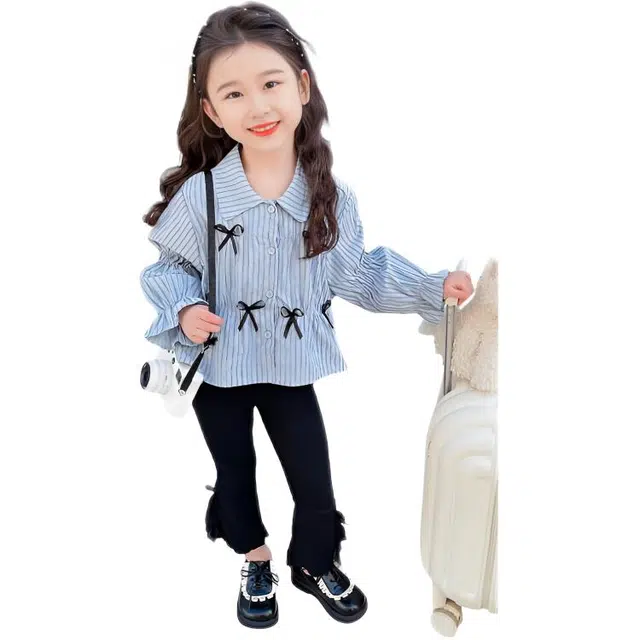 比比我休闲运动套装  女童春秋季条纹衬衫喇叭裤大童潮牌小孩衣服 小女孩短袖洋气时髦 舒适帅气轻便