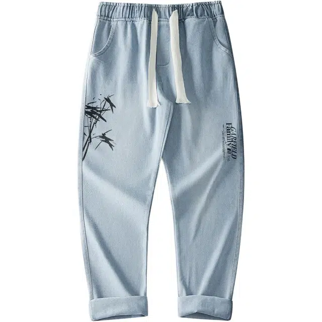 加菲猫家族 美式高街复古竹叶字母印花水洗做旧直筒垂感休闲宽松通勤舒适百搭潮流时尚显高无性别主义中腰系带牛仔裤 男女同款