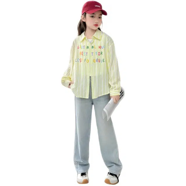 天才小熊休闲运动套装 女童春秋季条纹衬衫背心大童潮牌小孩衣服 小女孩短袖洋气时髦 舒适帅气轻便