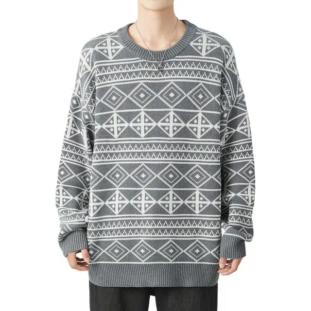 半空山 日系复古慵懒风宽松潮流提花设计感休闲百搭圆领毛衣针织衫 男女同款