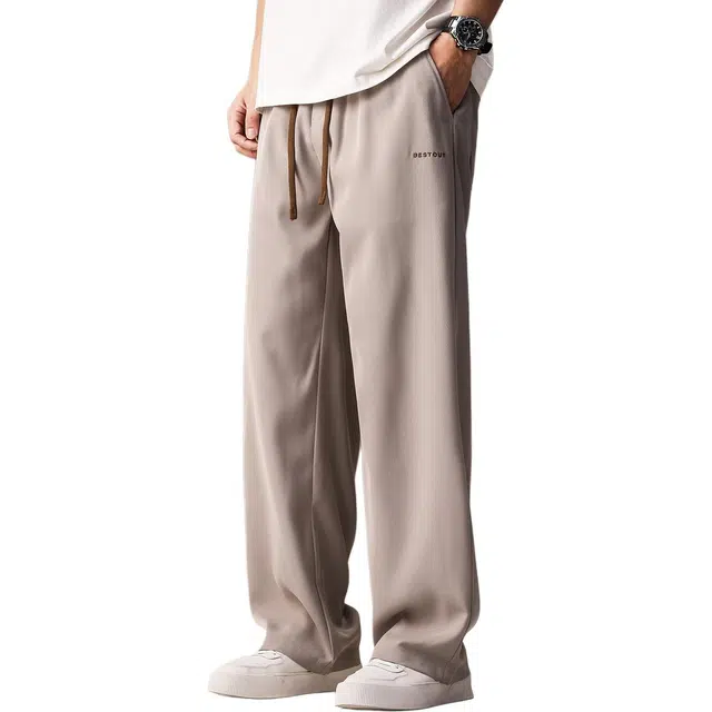 贵色 春秋季 淡人随性盐系穿搭男士时尚潮牌纯色简约字母设计舒适显瘦亲肤柔软阔腿垂感松弛感休闲裤 宽松直筒 男女同款