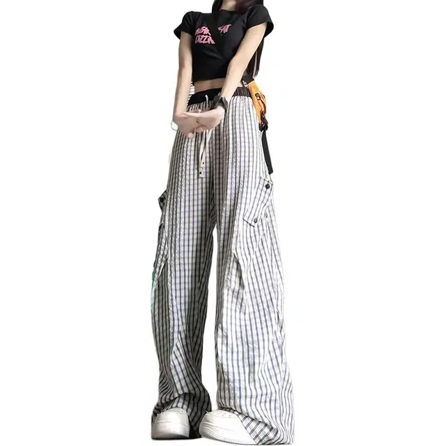 单爵 美式复古泡泡纱格子裤休闲裤 男女同款