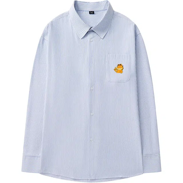 加菲猫家族 日系潮流时尚加菲猫印花百搭无性别主义落肩袖翻领条纹纯色简约衬衣叠穿春秋款日常通勤长袖少年感宽松上衣休闲外套衬衫 男女同款