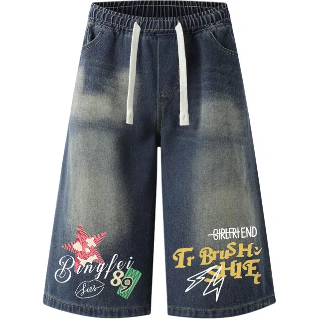 冰飞 美式复古高街字母星星手绘宽松休闲直筒百搭七分牛仔短裤 男女同款