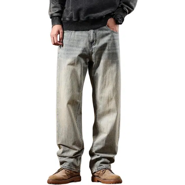 帝狼牛 水洗口袋设计感复古潮流做旧宽松直筒休闲阔腿牛仔裤 男女同款