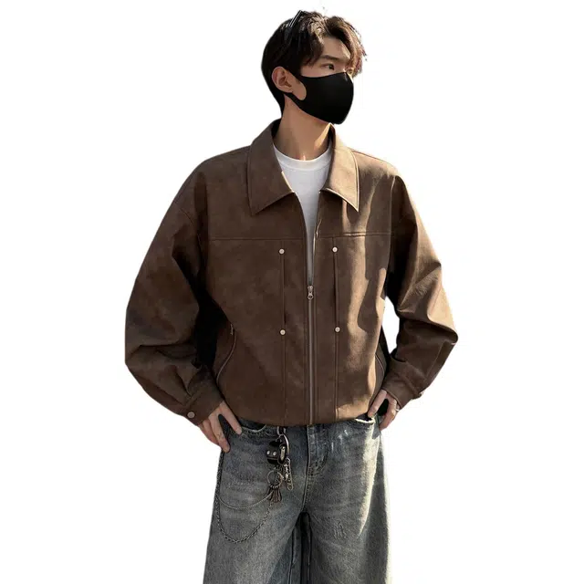 木林森 美式高街风重磅潮牌机车风宽松复古翻领无性别主义皮衣 男女同款