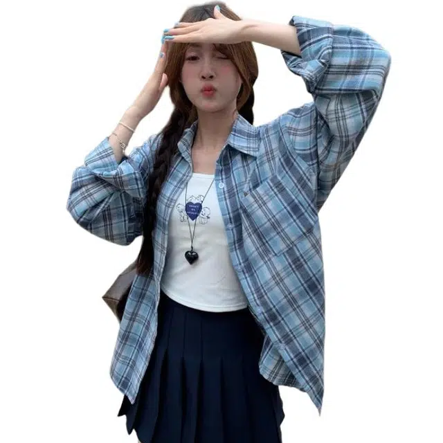 沐晓欣  复古格子衬衫设计感宽松百搭休闲格纹衬衣外套  皮肤衣  女款