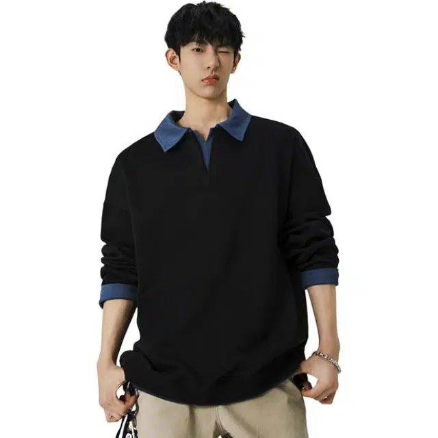 北极绒 假两件翻领宽松百搭舒适简约卫衣 男款