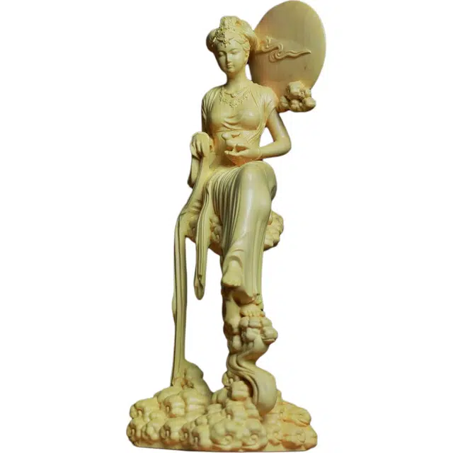 得笙陌 嫦娥奔月木雕新中式复古雕刻桌面摆设收藏品 黄杨木 木作摆件 男女同款情侣款