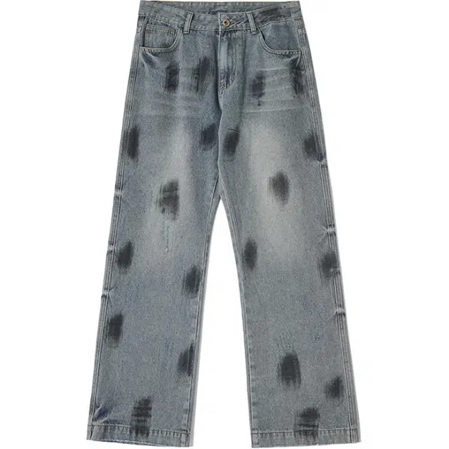 华夏儿女 美式重工扎染阔腿潮牌宽松复古做旧刮烂破洞直筒牛仔裤 男款