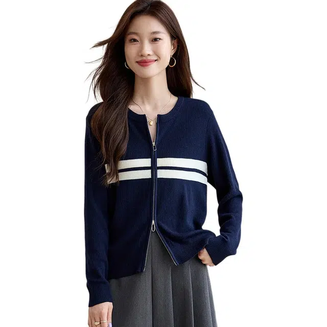 恒源祥 时尚撞色条纹双拉链圆领开衫外套气质休闲舒适含羊毛外搭长袖针织衫 女款