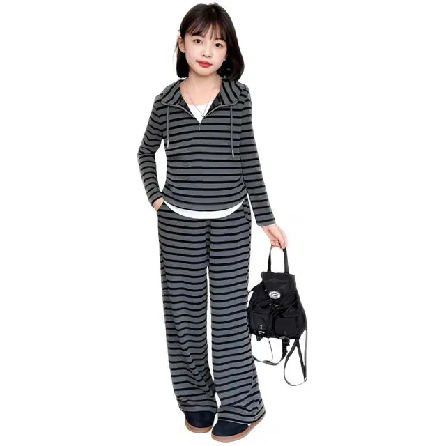 天才小熊休闲运动套装 女童春秋条纹连帽季大童潮牌小孩衣服 小女孩短袖洋气时髦 舒适帅气轻便