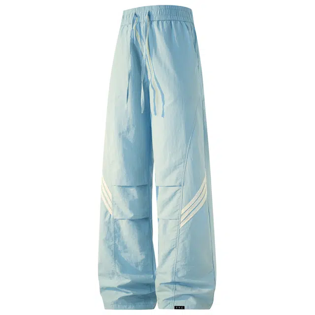 梓润格 冰丝凉感美式高街纯色侧边三条杠系带简约宽松阔腿直筒显高百搭垂感舒适薄款休闲裤 男女同款