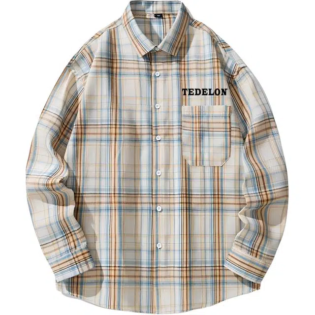 太子龍 日系高街校园风翻领格子单排扣设计小众简约纯色基础款通勤日常外出复古潮流款式衬衫 男款