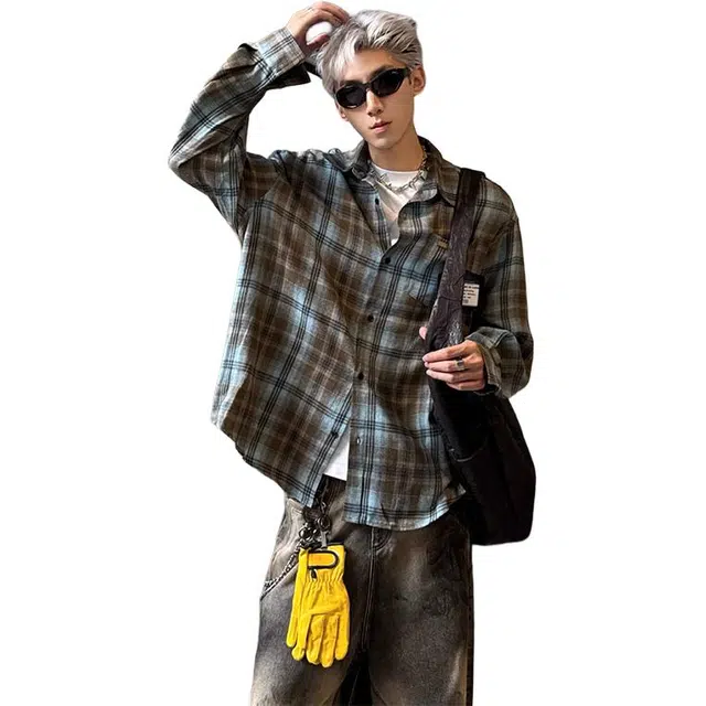 黑马漫画 美式防晒格子高级感格纹长袖衬衫 男女同款