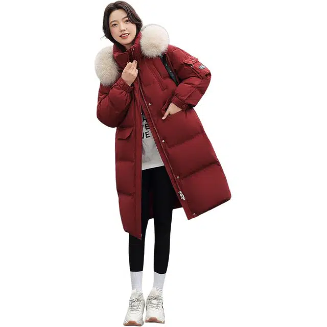 雅鹿 纯色过膝宽松韩版耐磨防钻绒毛领保暖长款休闲外套羽绒服 女款