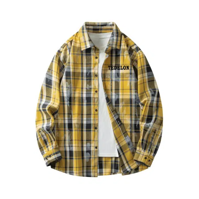 太子龍 美式复古拼接撞色慵懒格子衫宽松休闲垂感学院风纽扣翻领长袖青少年日常通勤衬衫 男款
