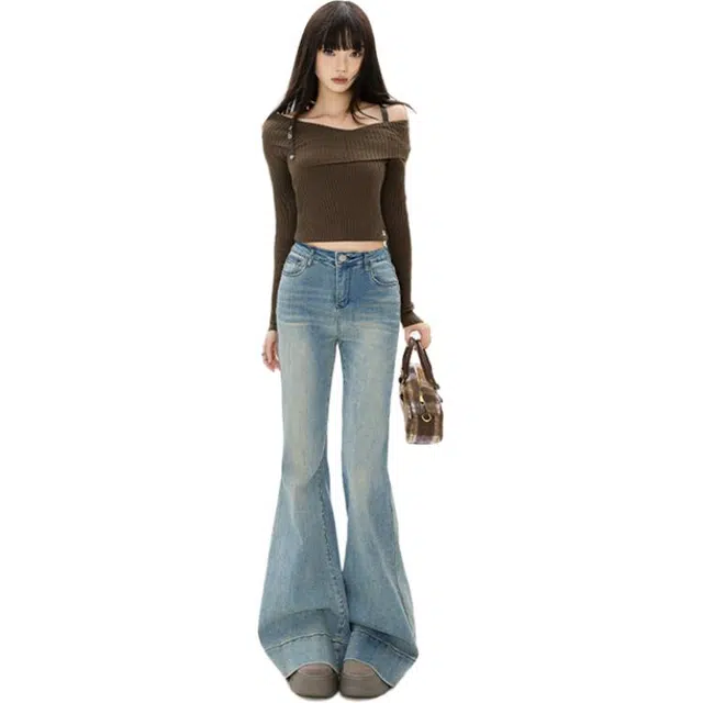 拾籍 时尚设计辣妹微喇裤美式复古时髦低腰百搭显瘦喇叭牛仔裤 女款