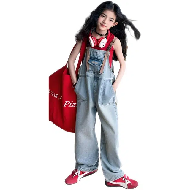 天才小熊休闲运动套装 女童夏季贴标刺绣背带裤大童潮牌小孩衣服 小女孩短袖洋气时髦 舒适帅气轻便