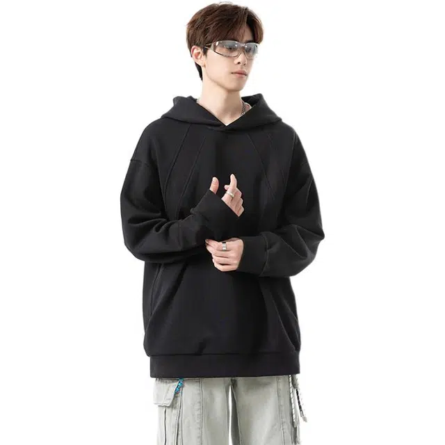 颂希尔 螺纹拼接连帽男春秋高级感外套美式重磅硬挺插肩上衣帽衫卫衣 男女同款