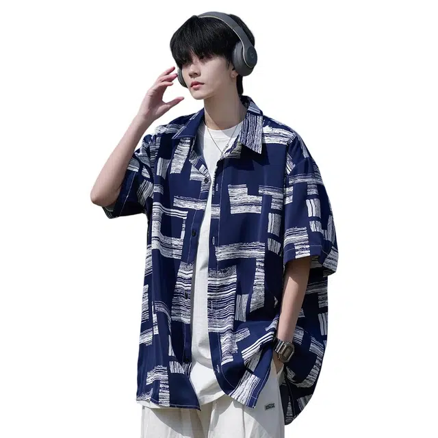 拾个壹先生 港风宽松潮牌半袖短袖衬衣休闲翻领上衣外套衬衫 男女同款