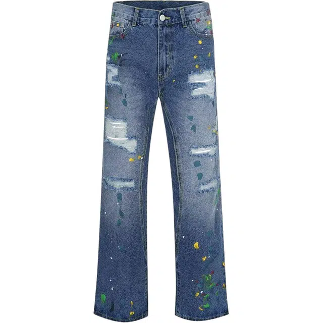 洞洞拐 泼墨水洗宽松直筒长裤美式街头堆积感牛仔裤 男女同款