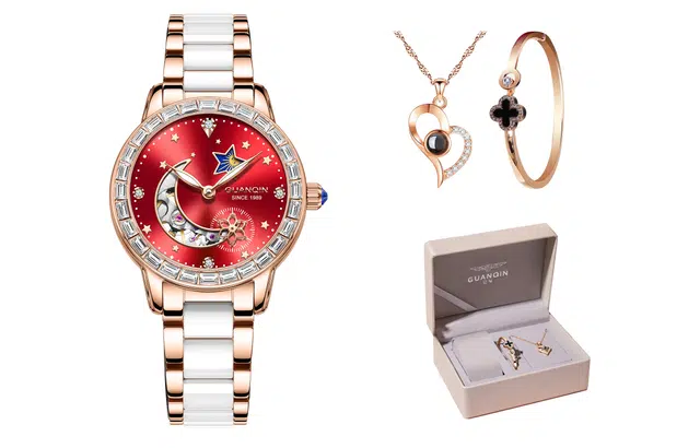 冠琴 星月系列 时尚高颜值国潮 自动机械机芯 陶瓷表带 国表 女表 红色表盘 夜光防水