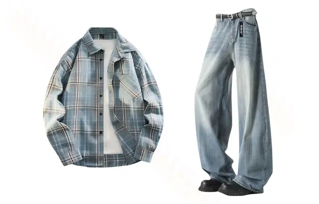 梓润格 复古撞色磨毛格子长袖衬衫潮牌宽松衬衣外套美式水洗竹节弯刀裤设计感阔腿裤休闲运动套装 男女同款