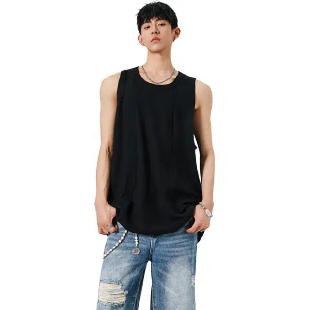 顶峰保罗 纯色简约美式高街高级设计感无袖坎肩体恤无性别主义青少年夏天薄款背心 男女同款