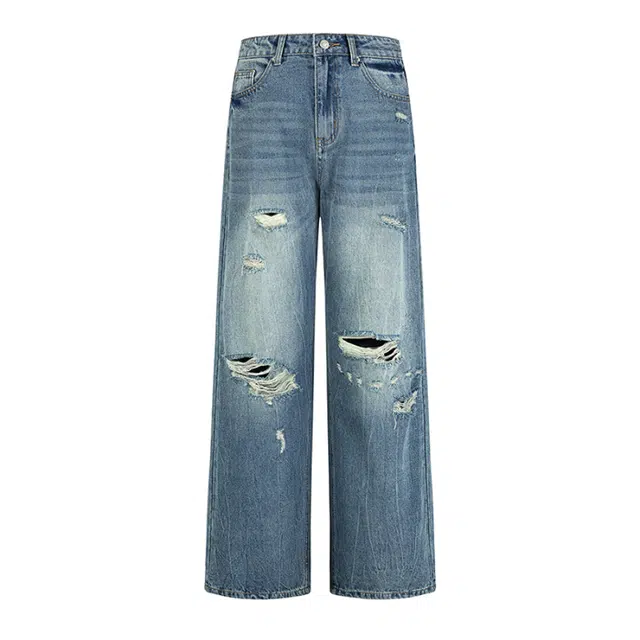淑好百 美式破洞牛仔裤男女复古破坏宽松水洗直筒阔腿裤拖地长裤时尚显瘦百搭 女裤 女款