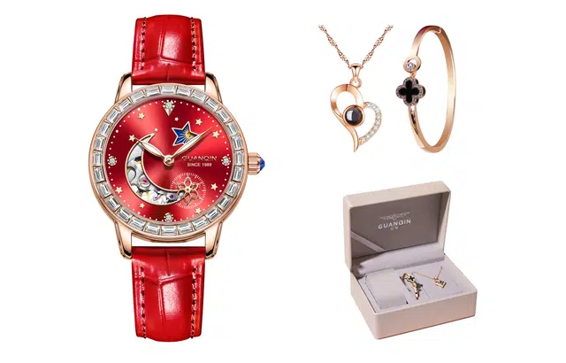 冠琴 星月系列 时尚潮流百搭气质高级手表 自动机械机芯 牛皮表带 国表 女表 红色表盘 防水夜光学生腕表