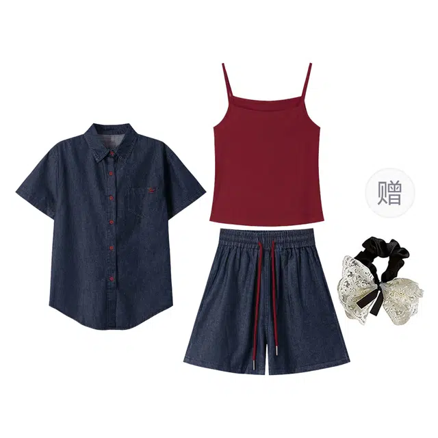 涂诗菲 大码港风复古撞色设计感时尚减龄短袖衬衫内搭吊带短裤休闲套装 女款