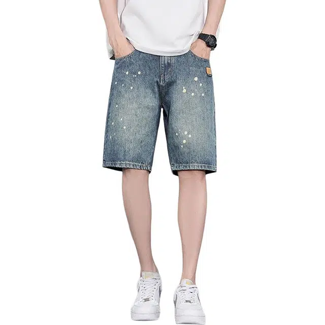 炳盛 泼墨夏季薄款宽松直筒潮牌复古休闲五分裤子牛仔短裤 男女同款