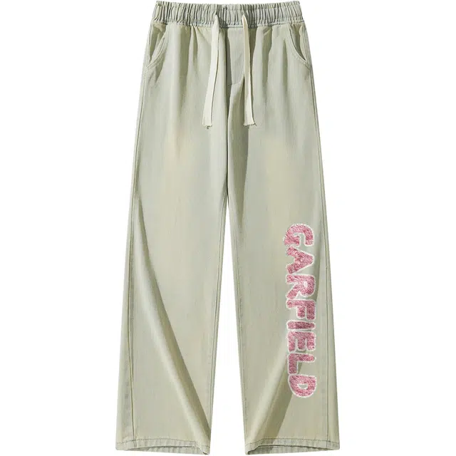 加菲猫家族 美式高街复古纯色水洗仿刺绣英文印花潮流休闲时尚百搭长裤无性别主义宽松显高阔腿直筒松紧腰牛仔裤 男女同款