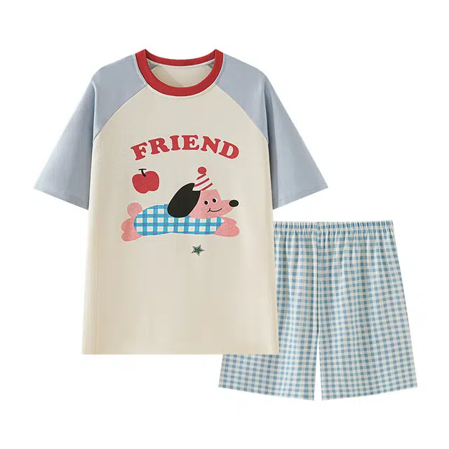 俏霓桐 夏季可爱卡通小狗简约格纹高颜值休闲带胸垫家居服可外穿睡衣套装 女款