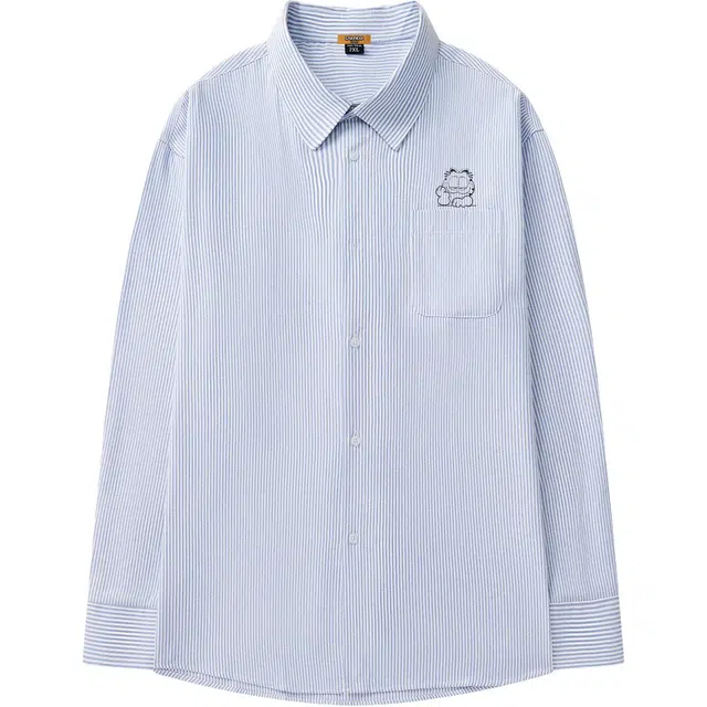 加菲猫家族 日系简约潮流加菲猫卡通印花时尚百搭无性别主义落肩袖翻领衬衣叠穿春秋款日常通勤长袖少年感宽松上衣休闲外套衬衫 男女同款