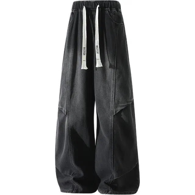 大卫贝肯 美式复古潮牌水洗做旧直筒腰带字母刺绣百搭宽松阔腿牛仔裤 男女同款